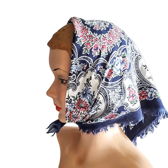 1950s Vintage Blue And Red Novelty Flowers Soft Cotton Bandana Scarf Hankie - Picture 2 of 4